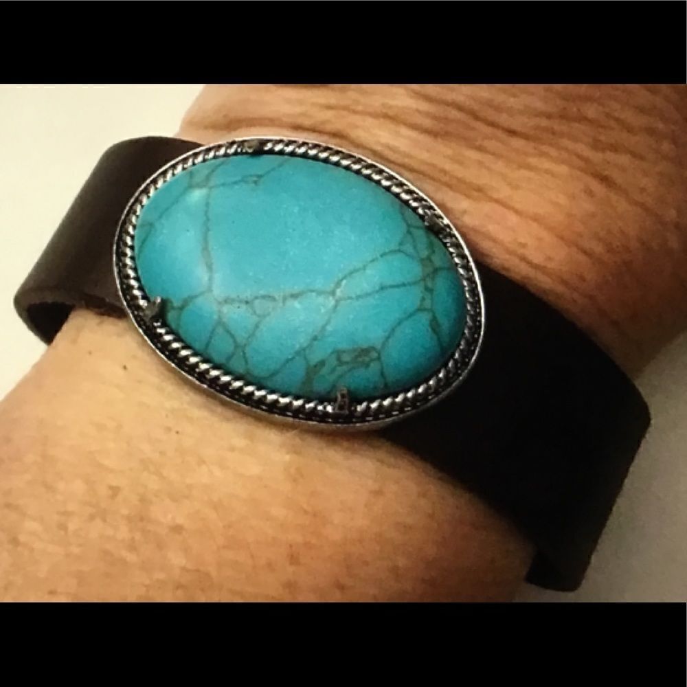 Oval Turquoise Gem Brown Leather Band Bracelet